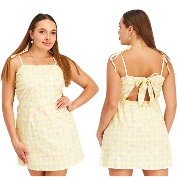 NWT INFLUENCE ASOS TIE BACK MINI DRESS IN YELLOW GINGHAM FLORAL-MULTI Sz 8/ M - Picture 1 of 7